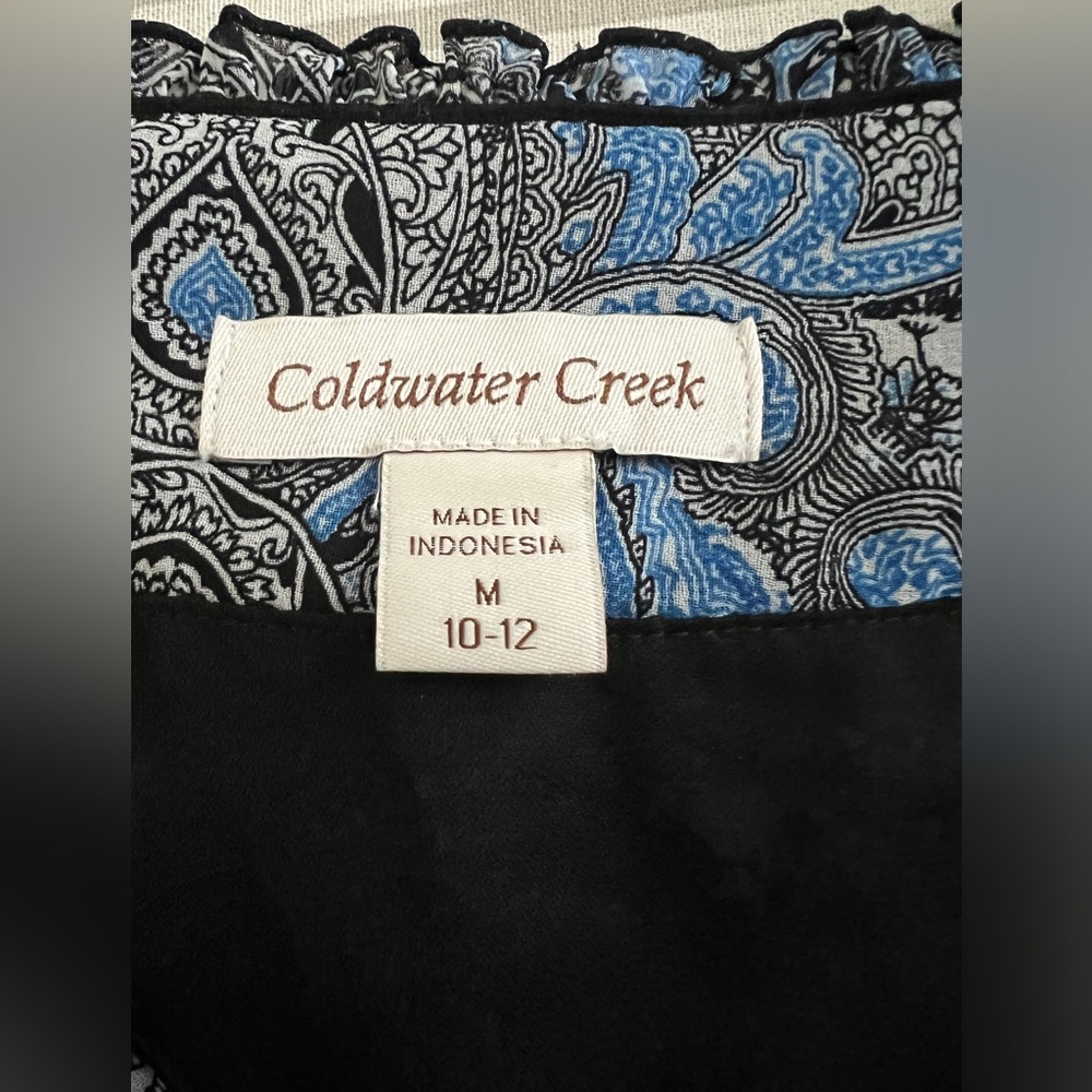 COLDWATER CREEK Blue Black & White Semi Sheer Chiffon Paisley Blouse Medium - Picture 7 of 8